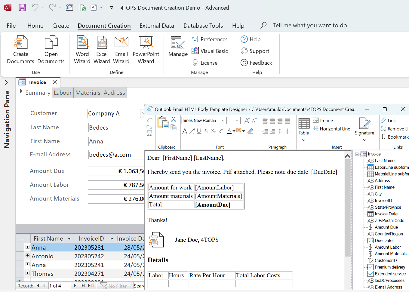 Microsoft access VBA send email outlook send invoice 