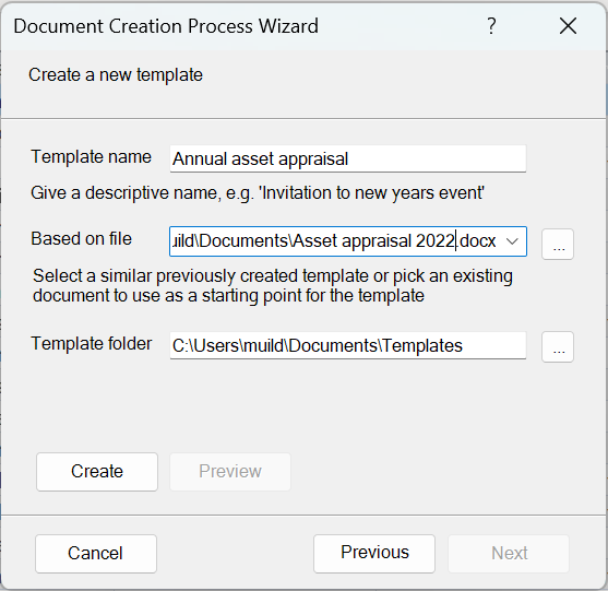 Give a name to the template and select a document to start from