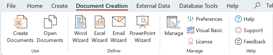 Start the document creation process wizard with button from Define group. The wizard lets the user determine settings 
