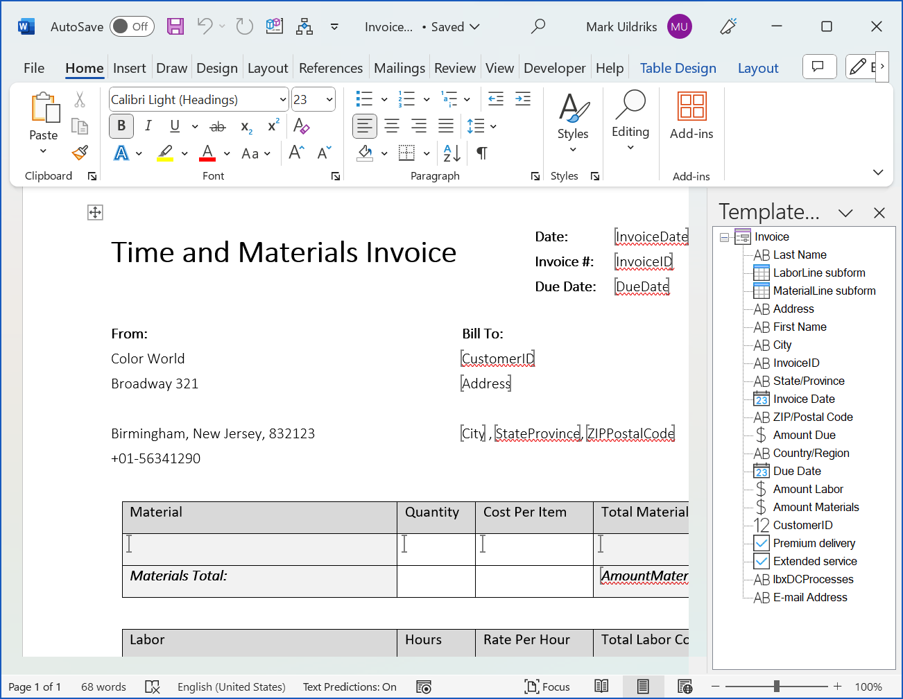 adding bookmarks for a table in word template designer
