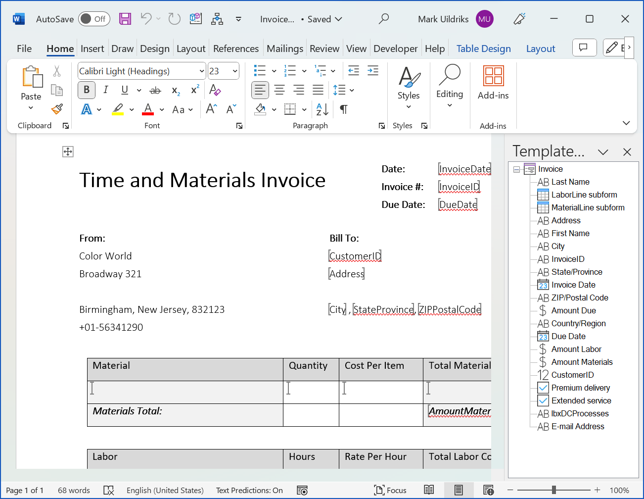 adding bookmarks for a table in the template designer defining the Access Word document creation process